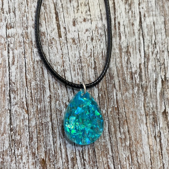 Iridescent Blue Teardrop Necklace - Handmade - Picture 4 of 13